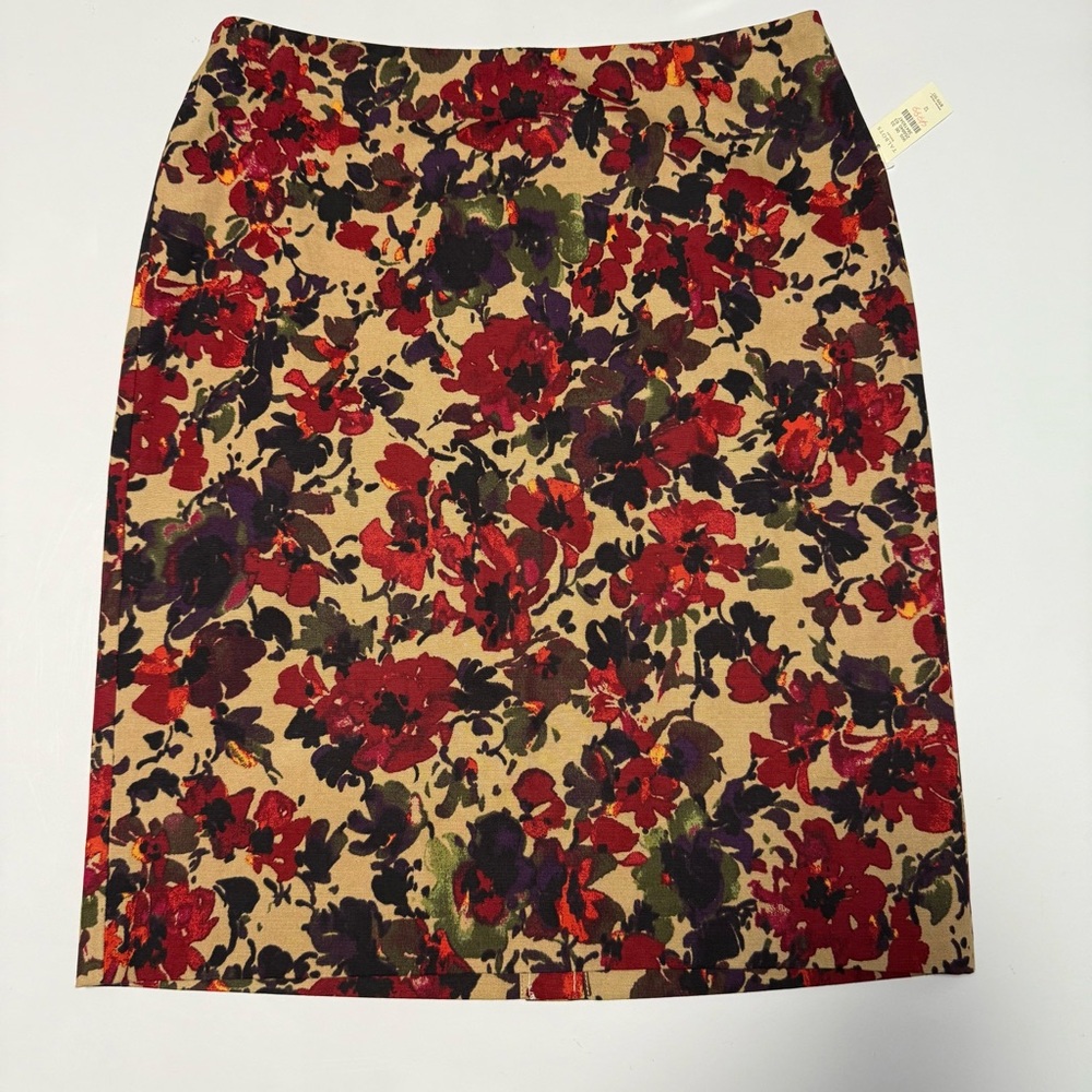 Talbots Women’s Pencil Skirt Fall Floral Tan Red Black Purple Green 12